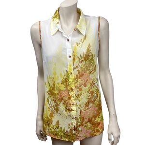 Susan Graver Yellow Sheer Chiffon Floral Print Sleeveless Button Up Blouse